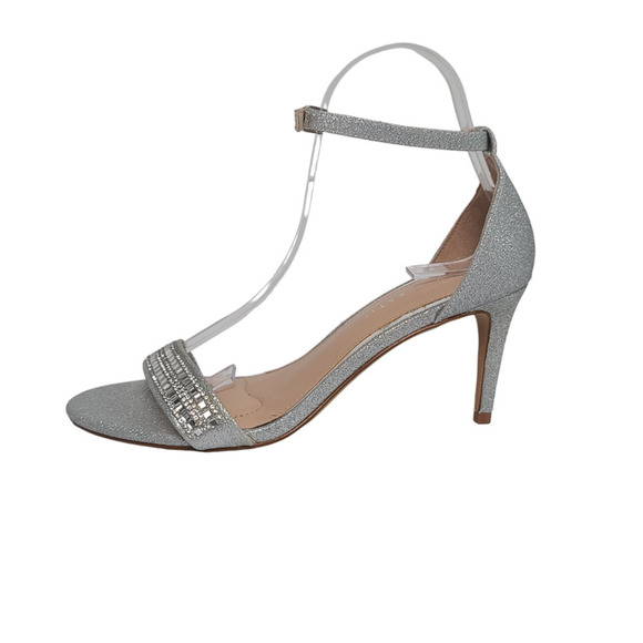 Kellie & Katie Silver Glittery Sandals Ankle Strap Rhinestone Heels Women's 7.5 - Picture 2 of 9